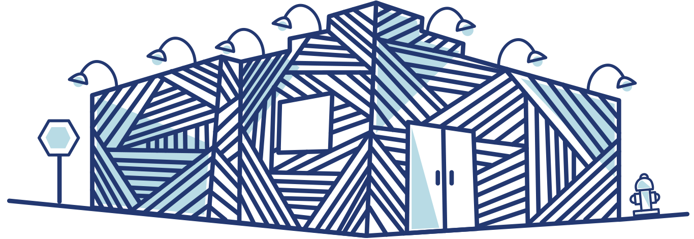A blue illustration of a striped Wynwood Building.